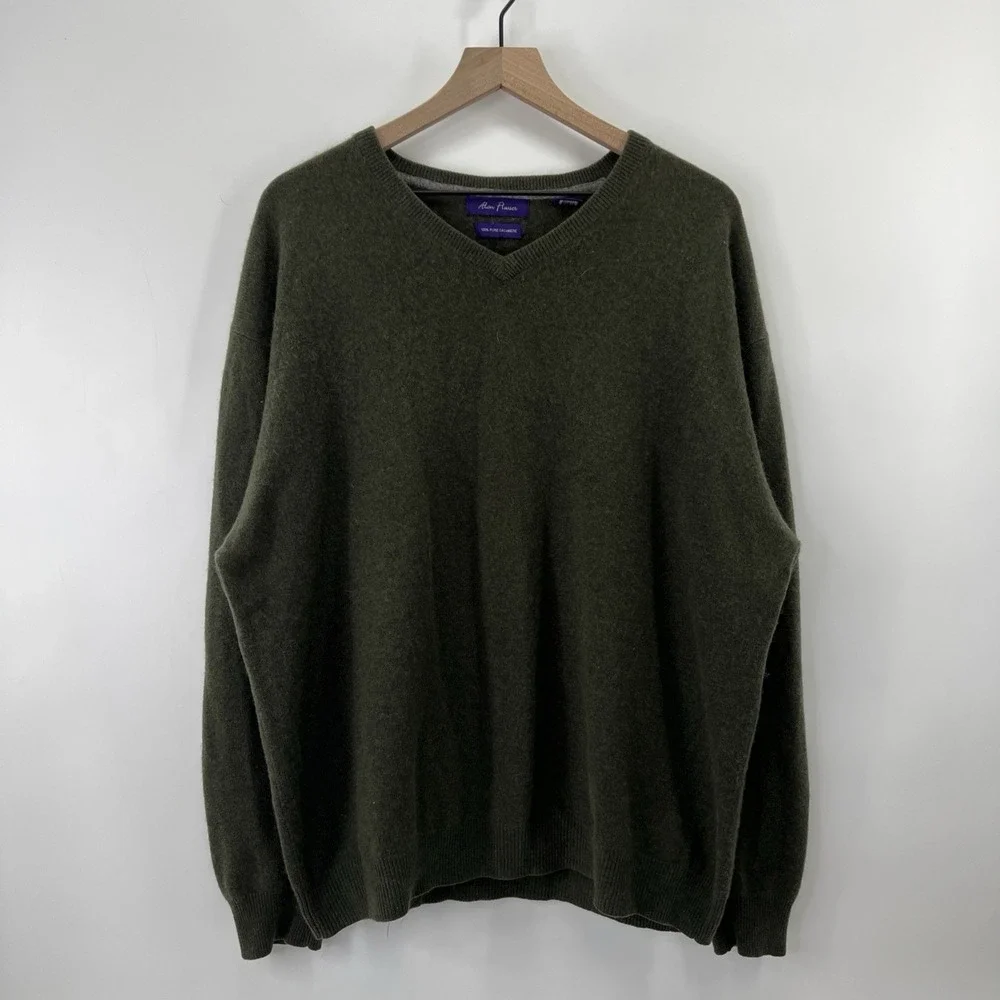 Alan Flusser Cashmere Sweater Men XL Green V Neck Preppy Hipster Old Money - Picture 1 of 11
